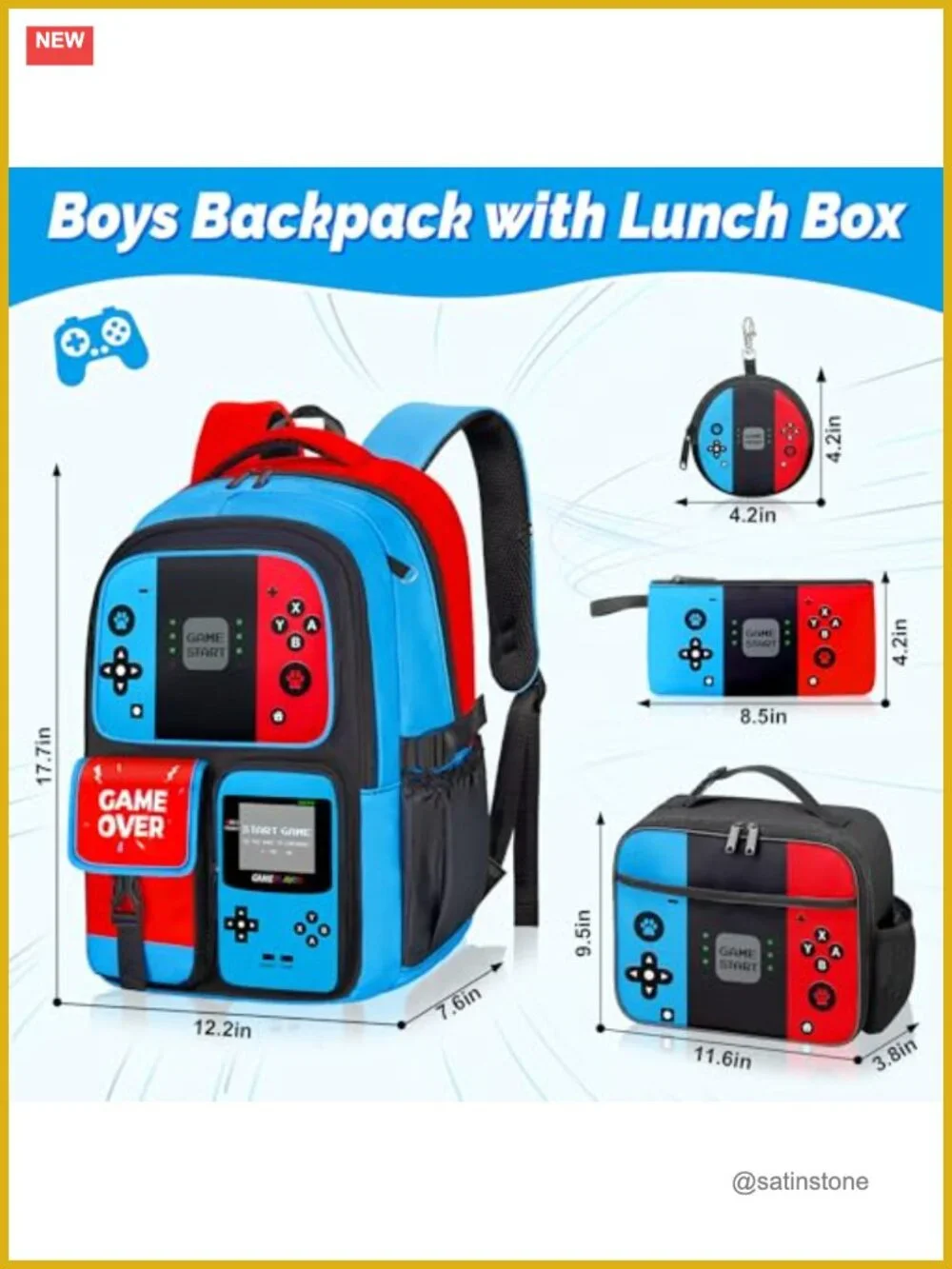 Gamer Backpack Set for Boys, 4-Piece with Lunch Box and Pencil Case